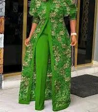 Green Lace Overlay Wide-Leg Trouser Set