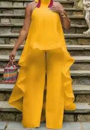 Yellow Wide-Leg Trousers with Print Top