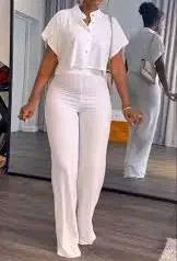 White Short Sleeve Wide-Leg Jumpsuit