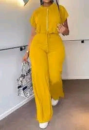 Yellow Zip-Up Short Sleeve Wide-Leg Jumpsuit