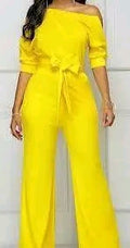 Yellow Off-Shoulder Belted Wide-Leg Jumpsuit