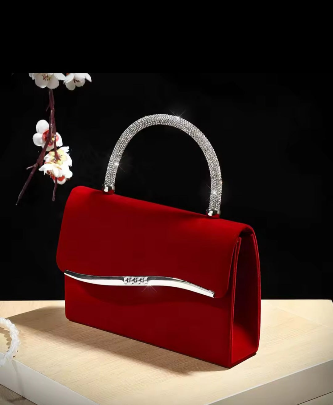 Red velvet crystal handle clutch