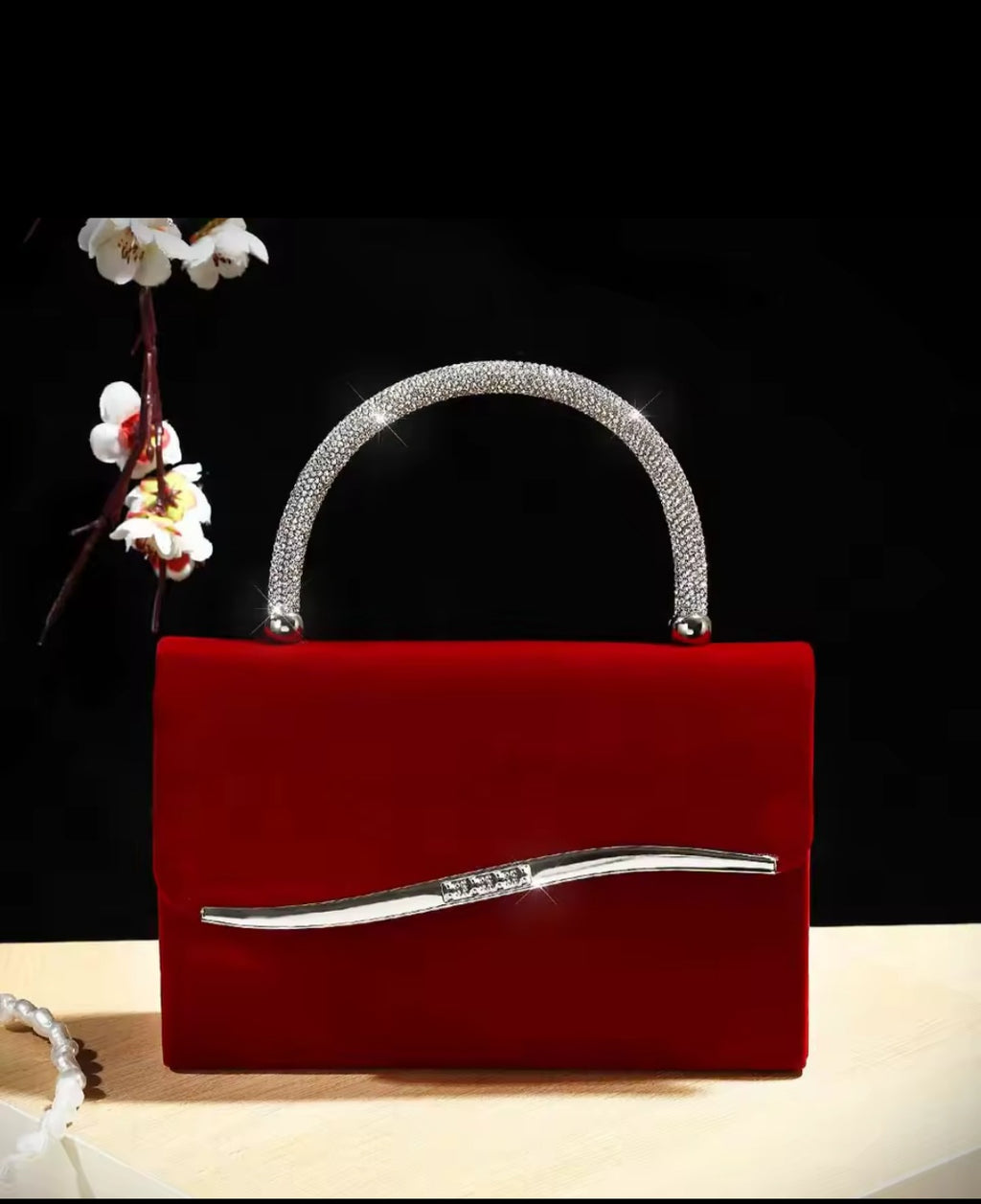 Red velvet crystal handle clutch