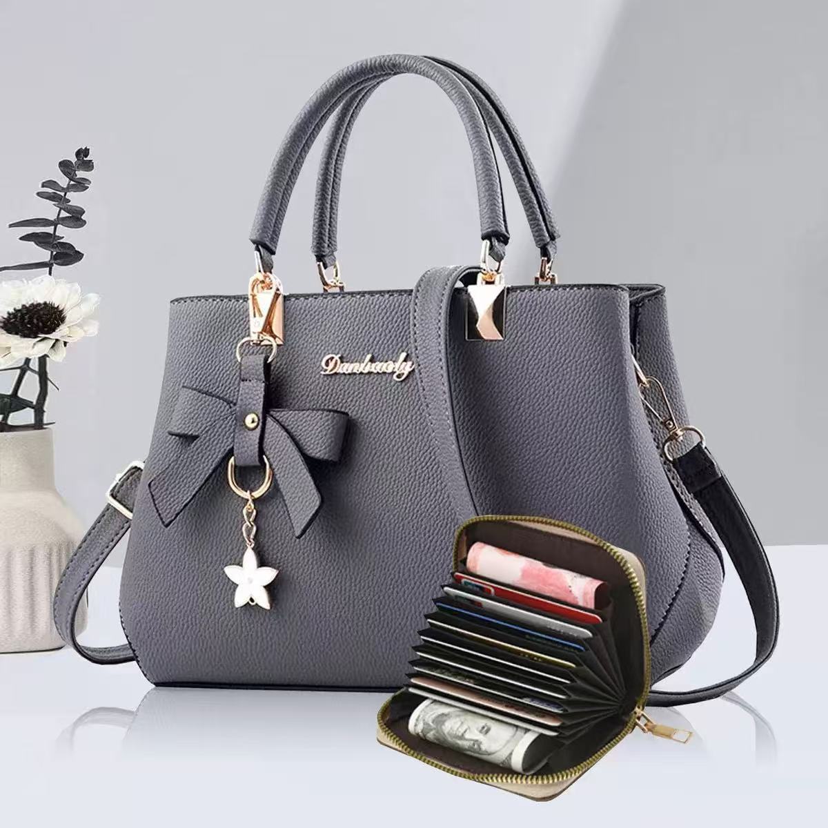 Structured Handbag with Card Wallet Set