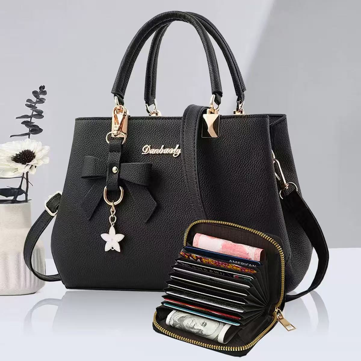Structured Handbag with Card Wallet Set